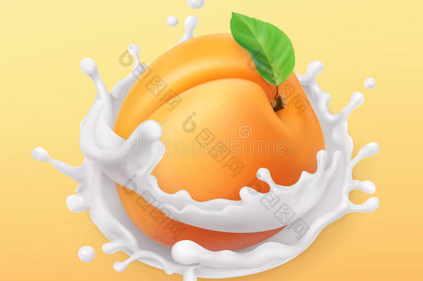杏子和牛奶飞溅。 水果和酸奶。 三维矢量图标