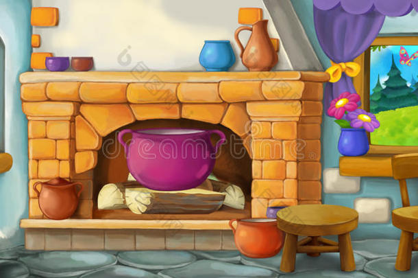 童话的卡通背景-老式家庭厨房的内部