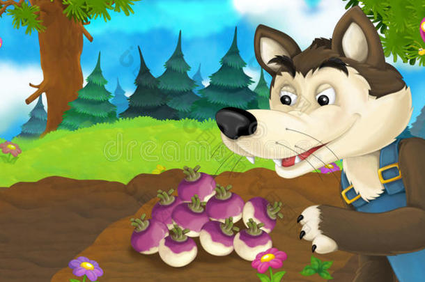 卡通场景与快乐的狼在草地上