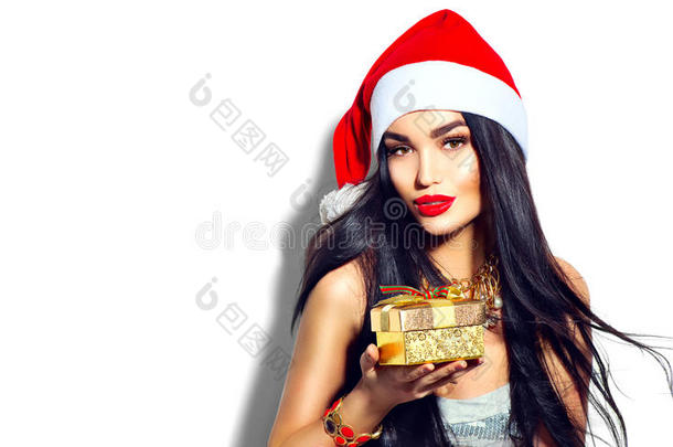 圣诞时尚模特女孩拿着<strong>金色礼品</strong>盒