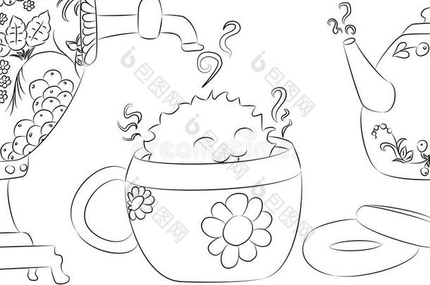 卡通怪物烘干茶杯萨莫瓦尔茶壶着色书