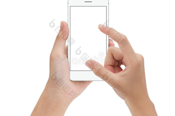 特写手触摸手机，手机隔离在白色，模拟s