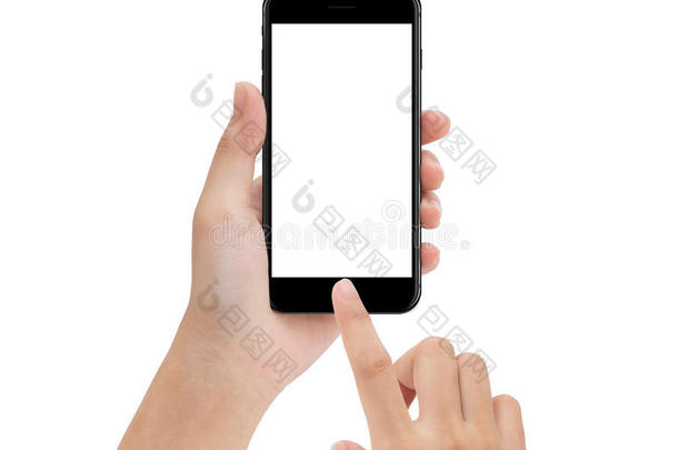 特写手使用手机隔离在白色，模拟智能手机空白屏幕，方便调整与裁剪路径