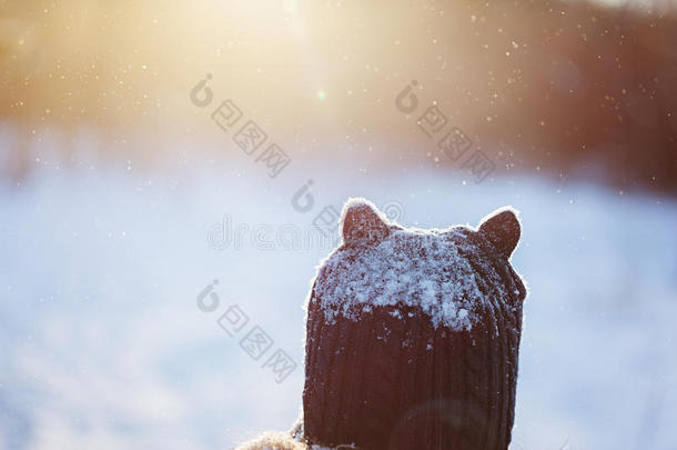可爱的孩子男孩穿着温暖的冬天衣服，在阳光明媚的冬天，在雪下。 后视图