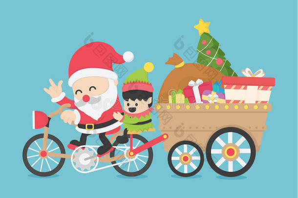 圣诞老人，开着自行车，让精灵们一起去