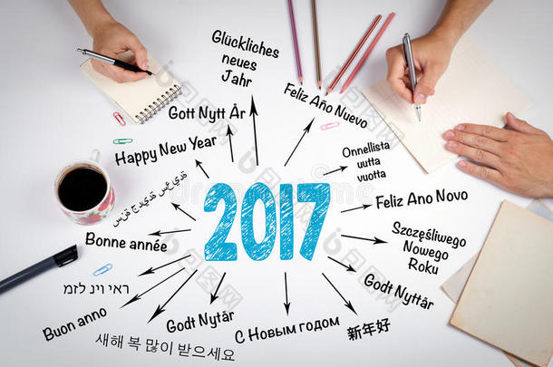 2017年不同语言的新年快乐。 在W的会议