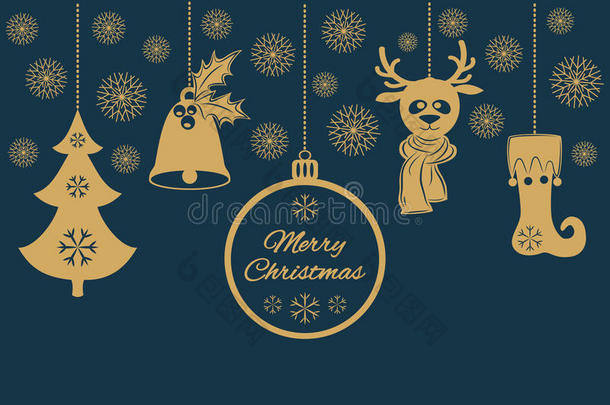 金色圣诞吊坠，如冬青的铃铛，球，雪花的冷杉树，围巾的鹿，袜子。 通用边界，是