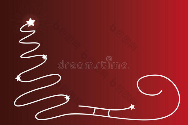 圣诞红色背景与简单的树，圣诞老人雪橇轮廓和闪亮的星星。 原始圣诞卡，有你的位置