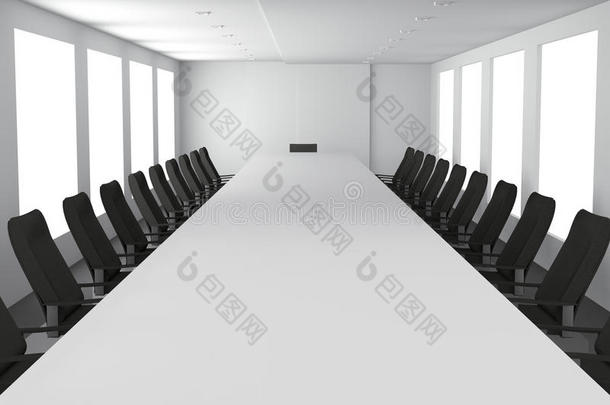 三维渲染：用家具展示空的现代大而长的会议室。大窗户。
