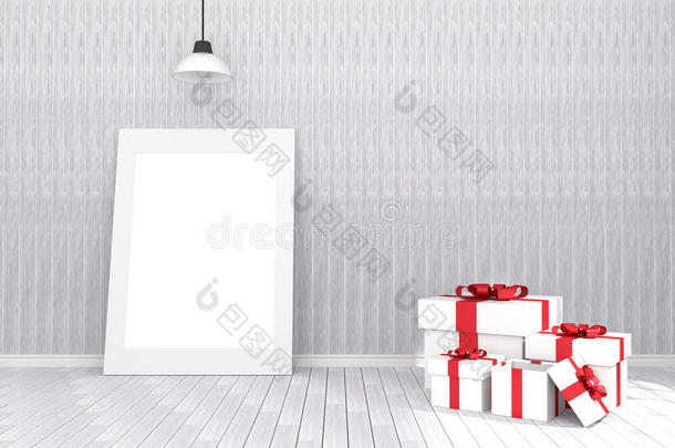 三维渲染：在空房间中的白色相框插图。木墙和地板。你的文字和图片的空间。