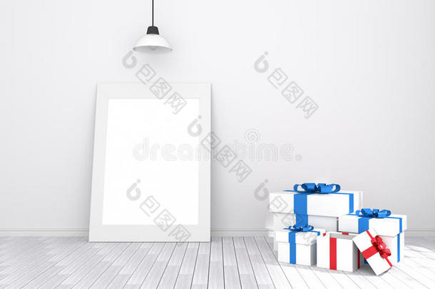 三维渲染：在空荡荡的房间里展示白色相框。白色的墙壁和木地板。你的文字和图片的空间。