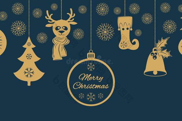 <strong>金色</strong>的圣诞吊坠有冬青的<strong>铃铛</strong>，球，雪片的杉树，围巾的鹿，帽子里的雪人，长筒袜。 边界