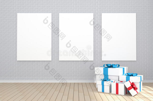 三维渲染：三张海报挂在空房间的墙上的插图。砖墙和木地板。供你的文字和图片