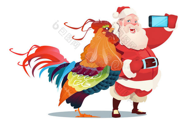 卡通公鸡和圣诞老人在智能手机上自拍照片快乐2017年新年
