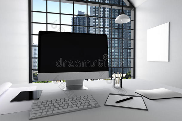 三维渲染：用PC电脑、键盘、相机、灯说明<strong>创意设计</strong>师桌面的现代室内白色<strong>办公室</strong>