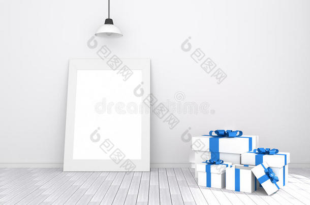 三维渲染：在空荡荡的房间里<strong>展示</strong>白色相<strong>框</strong>。白色的墙壁和木地板。你的<strong>文字</strong>和图片的空间。