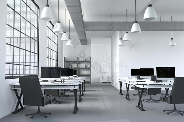 三维渲染：现代室内创意设计师办公室桌面插图与PC计算机。计算机实验室。工作场所