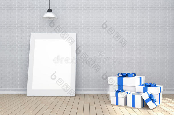 三维渲染：在空荡荡的房间里展示白色相框。砖墙和木地板。你的文字和图片的空间。