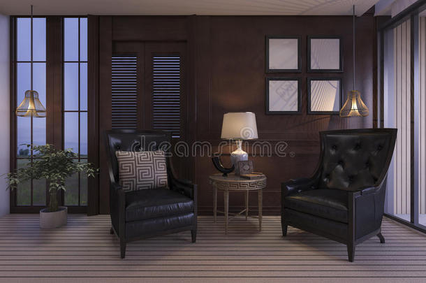 三维渲染豪华客厅与经典家具在黄昏场景