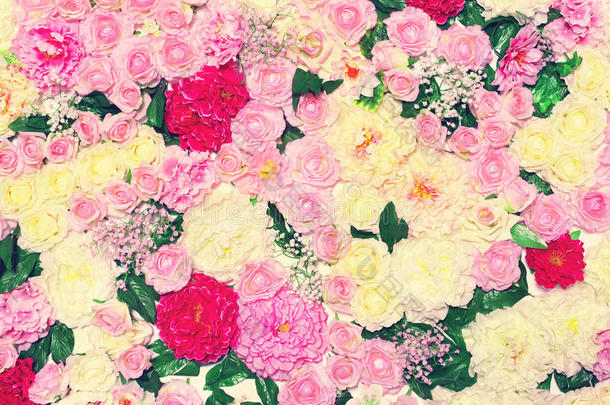 背景多花，花饰墙。 柔和的柔和色调