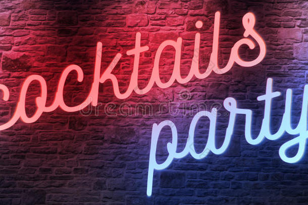 闪烁闪烁的红色和蓝色霓虹灯标志在砖墙背景，打开鸡尾酒派对标志