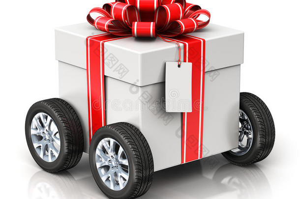 带有汽车车轮的礼物或礼物盒