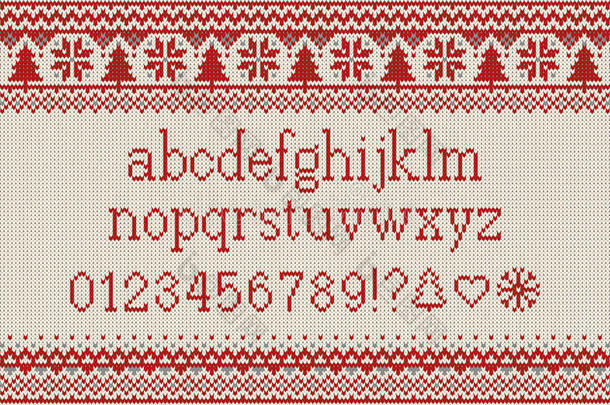 圣诞字体。雪花和冷杉无缝针织图案上的针织拉丁字母。北欧集市岛针织，冬季