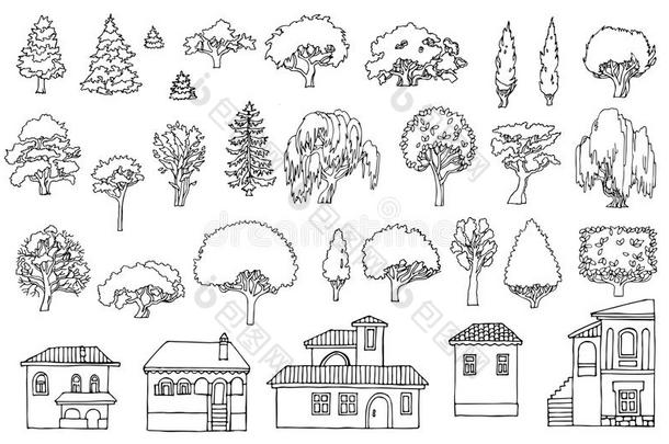 黑白线绘制。景观手绘孤立元素矢量集。 各种形状的素描树，灌木丛和房子