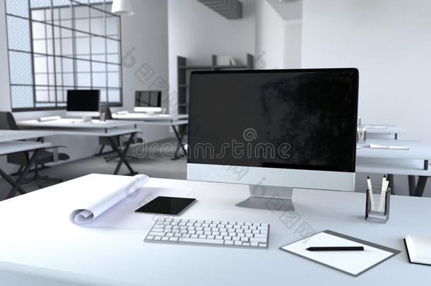 三维渲染：现代室内创意<strong>设计</strong>师办公室桌面插图与PC计算机。计算机实验室。工作场所
