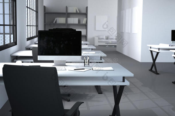 三维渲染：现代室内创意<strong>设计</strong>师办公室桌面插图与PC计算机。计算机实验室。工作场所