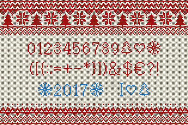 圣诞字体。雪花和冷杉<strong>无</strong>缝<strong>针</strong>织图案上的<strong>针</strong>织拉丁字母。北欧集市岛<strong>针</strong>织，冬季