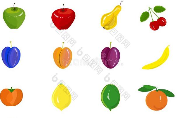 <strong>手绘</strong>水果：苹果、梨、葡萄、樱桃、香蕉、<strong>石榴</strong>、草莓、柿子、石灰、柠檬