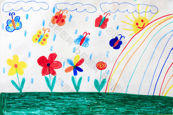 用蝴蝶、彩虹和花画孩子气的图画