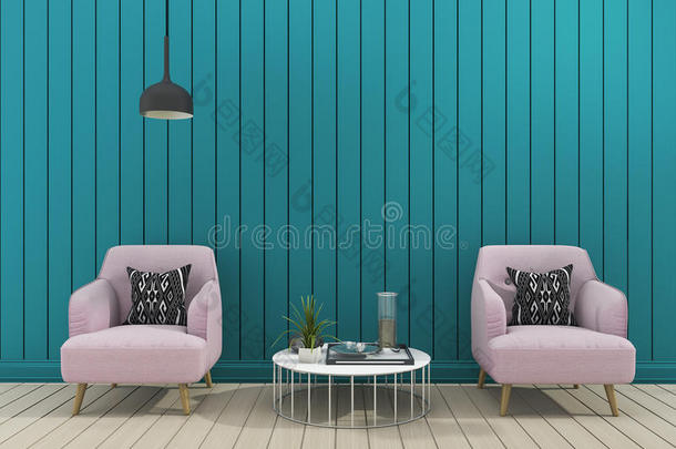 三维渲染绿色现代墙壁客厅与软扶手椅