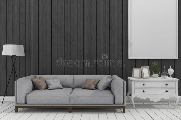三维渲染黑暗的现代墙壁客厅与沙发