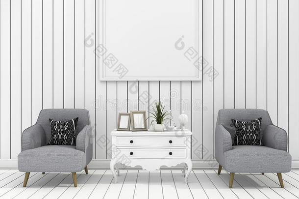 三维渲染白色现代墙壁客厅与软扶手椅