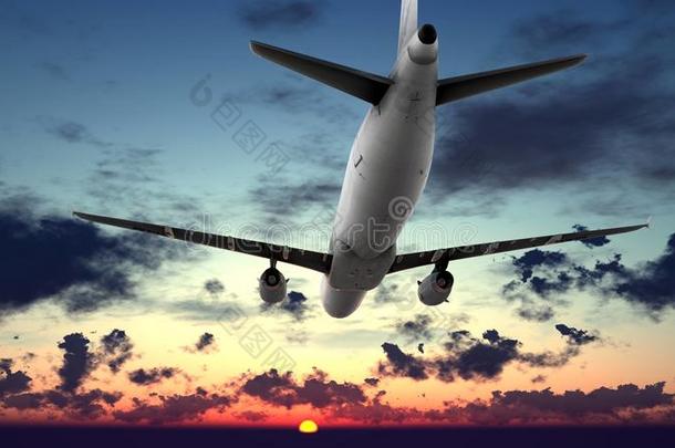 通用喷气式客机在美丽的多云天空三维渲染