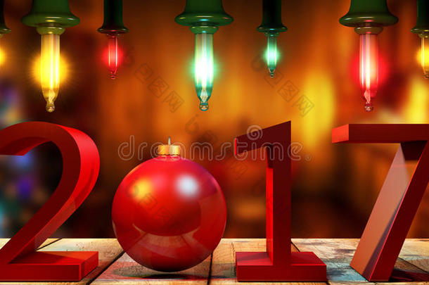 三维渲染2017年新年红色数字与红色圣诞球