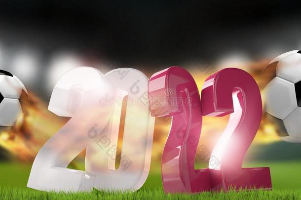 2022年<strong>卡塔尔</strong>足球与球和火焰足球。 2022年足球场