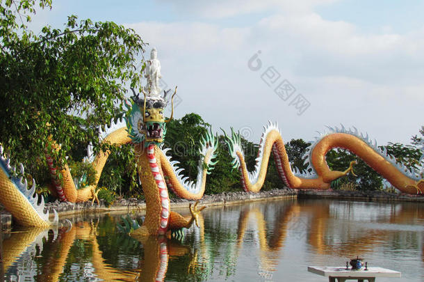 中国龙雕像周围的游泳池，艺术涵盖了中国和泰国的独特风格。