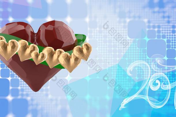 <strong>飞扬</strong>的红色切碎的心与绿色的丝带和金色的心。 蓝色抽象<strong>正</strong>方形多边形背景。 和2017年刻字