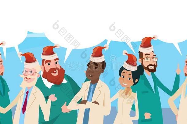 团体内侧<strong>医生</strong>团队带着聊天盒，戴着圣诞老人的<strong>帽子</strong>，圣诞快乐，新年快乐
