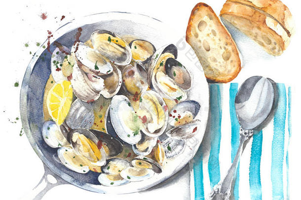 食物插图海鲜蛤蜊贻贝炖水彩画孤立在白色背景上