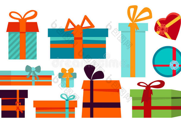 礼品盒卡通套装，方形、心形和圆形盒子隔离在白色上。 可用于节日促销