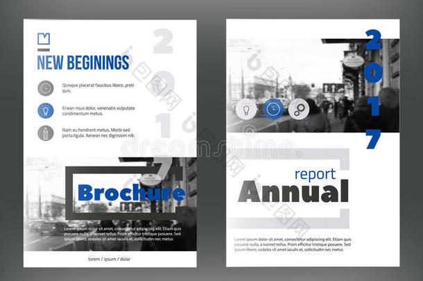 蓝色年度报告设计模板矢量集，传单封面展示。 商业书籍封面，传单，专业