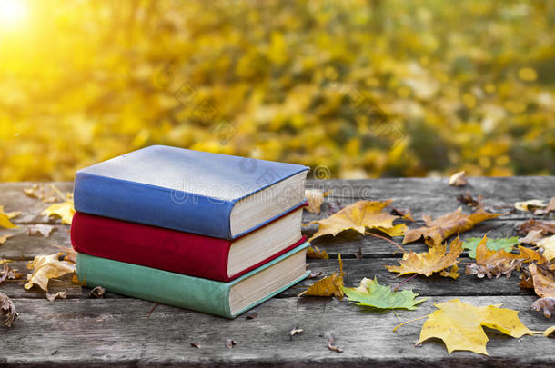 旧木桌上的书，上面覆盖着黄色的枫叶。 回到学校。 教育理念。 美丽的秋天背景。