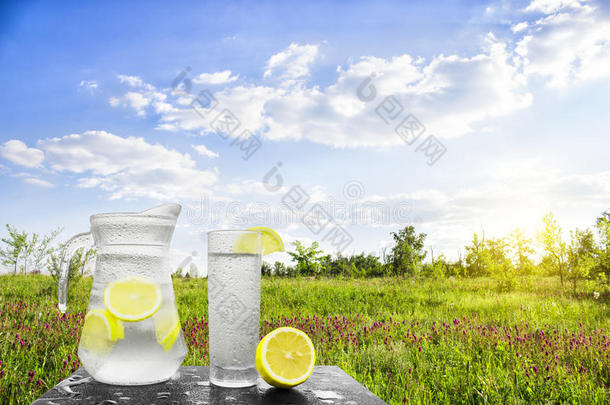 新鲜的冷水，柠檬和冰，放在桌子上的水罐里。把柠檬水和新鲜的柠檬水放在大自然的背景上。