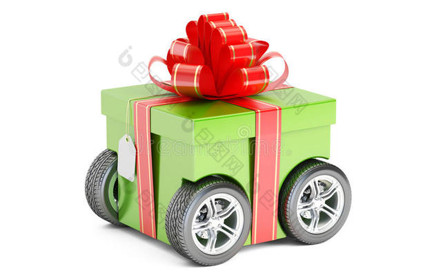 车轮上的绿色礼品盒，礼品送货概念。 三维渲染