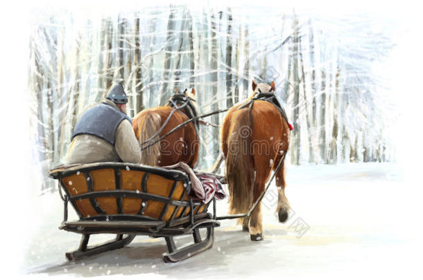 圣诞节冬天的快乐场景与帧-人在雪橇与两匹马