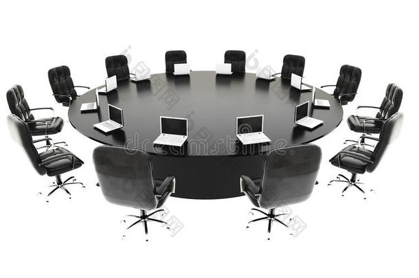 <strong>会议室</strong>、<strong>会议室</strong>和带有笔记本的会议桌。 商业概念。 隔离3D渲染。